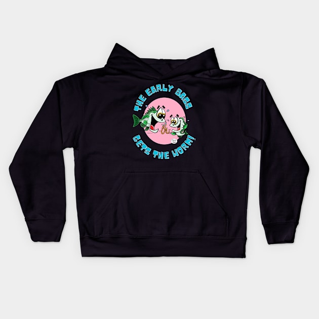 The early bass gets the worm! dark Tee Fritts Cartoons Kids Hoodie by Shean Fritts 